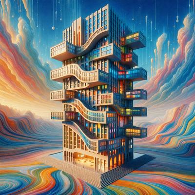 The primary subject of the image is a tall, multi-colored building with many windows. The building is situated in a vibrant, colorful environment, which adds to the overall atmosphere of the scene. The visual style of the image is a combination of digital art and illustration, creating a unique and eye-catching design. The colors and mood of the image are lively and energetic, with a focus on the building's striking appearance and the surrounding vibrant colors.